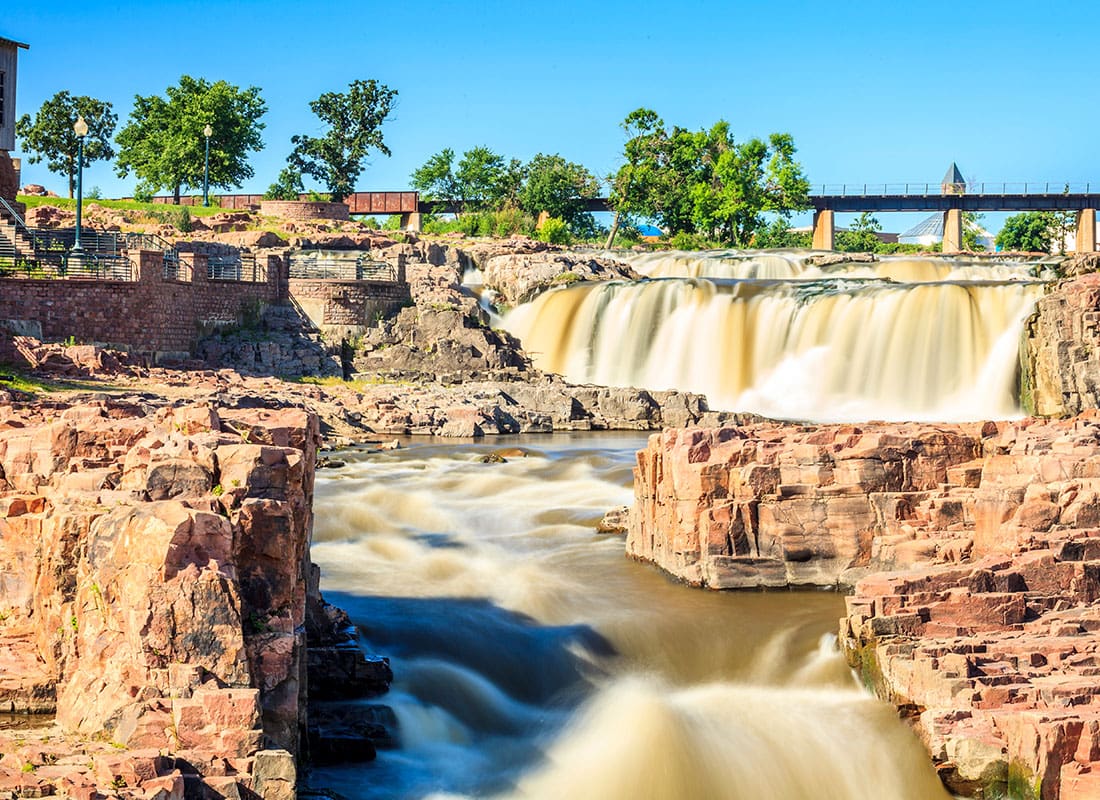 Sioux Falls, SD - Aerial View of Waterfalls Flowing in Sioux Falls, SD